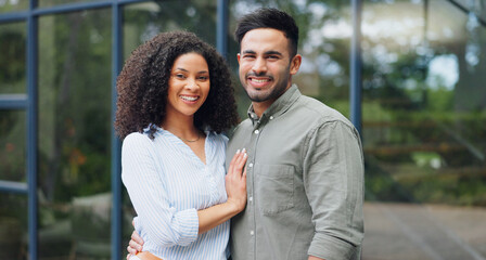 Fototapeta premium Couple, portrait and new home with happy, love and smile together from property investment outdoor. Mortgage, opportunity and people hug from with real estate, marriage and commitment with support