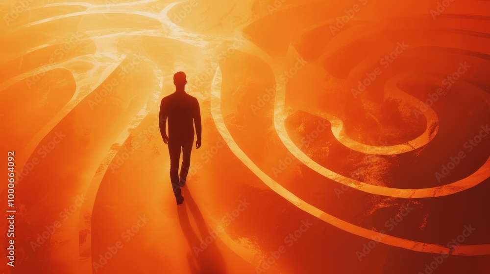 Poster man walking through abstract orange maze with glowing paths. orange background.