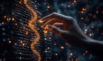 A futuristic representation of a human hand interacting with a glowing DNA helix structure amid a network of bioinformatics and molecular biology, Generative AI