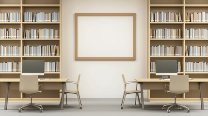 3D office with desks, chairs, blank poster frame. Minimalist style, natural light