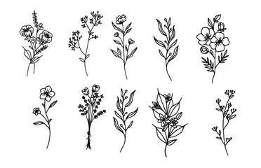 Flowers and Leaves Vector One Line Drawing Set. Botanical Modern Single Line Art, Aesthetic Contour. Perfect for Home Decor, Wall Art Posters, T-shirt Print, Mobile Case. Continuous Line Drawing