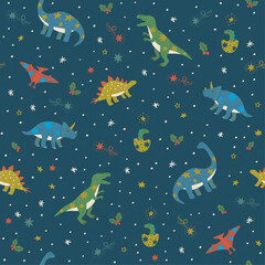 Christmas dinosaur seamless pattern, Cute and funny dinosaur with star hand drawn illustration.