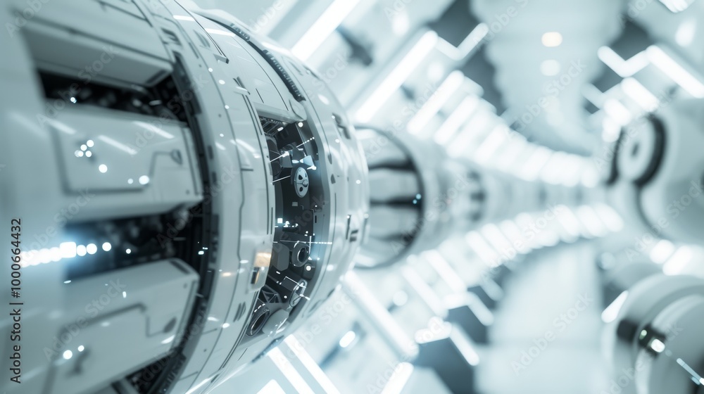 Poster a futuristic corridor with advanced metallic structures glowing with lights. the high-tech design sh