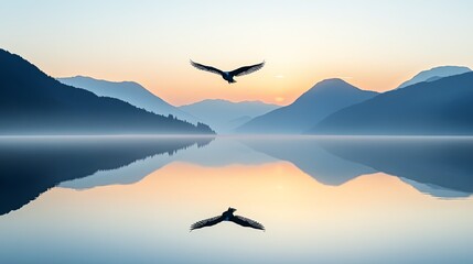 Naklejka premium A serene landscape featuring a lake, mountains, and a soaring bird at sunrise, reflecting tranquility and nature's beauty.