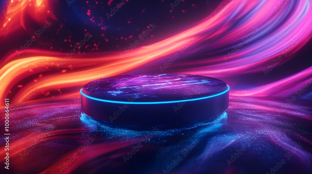 Poster capture an image of a luminous neon podium with a holographic interface, set against a backdrop of s
