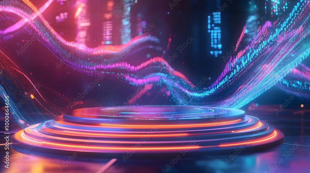 Poster capture an image of a luminous neon podium with a holographic interface, set against a backdrop of s