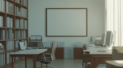 3D office with desks, chairs, blank poster frame. Minimalist style, natural light