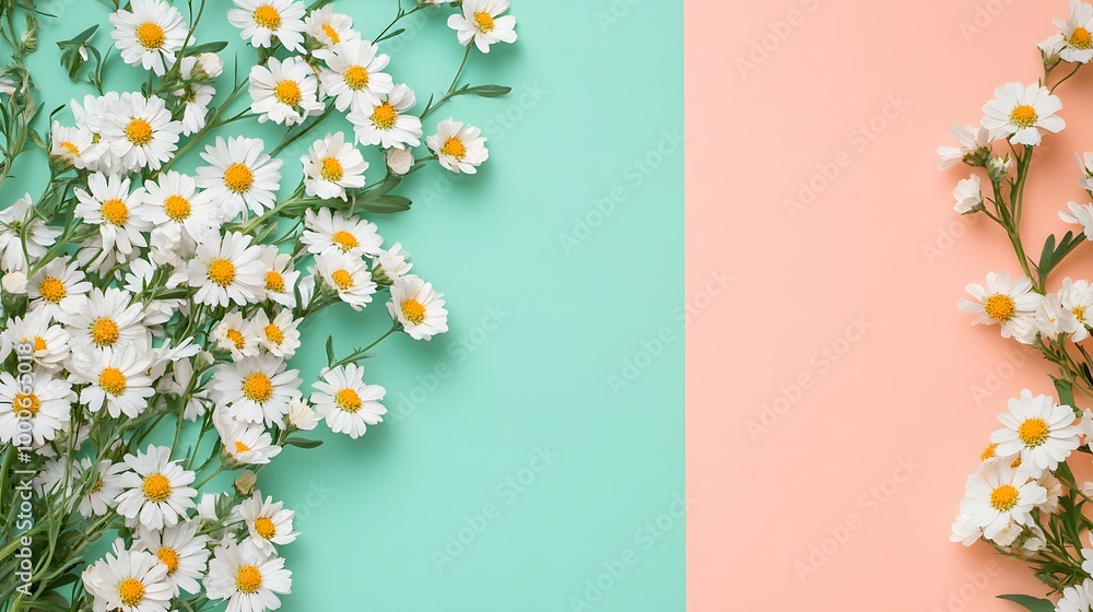 Poster visualize a beautiful arrangement of feverfew flowers on the left, with a subtle background that com