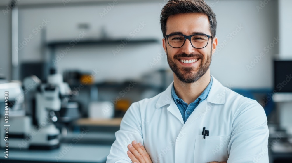Poster smiling technician in a clean laboratory setting