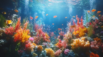 Naklejka premium Vibrant underwater scene with colorful coral reef and fish swimming in clear blue water.