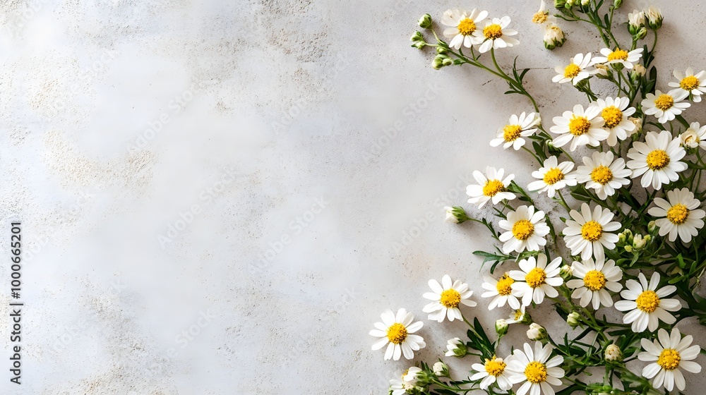 Poster visualize a beautiful arrangement of feverfew flowers on the left, with a subtle background that com