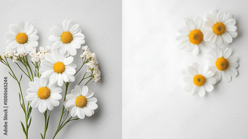 Poster capture an image of feverfew flowers elegantly arranged on the left, against a minimalist backdrop. 