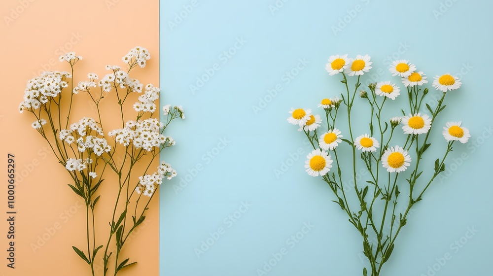 Poster capture an image of feverfew flowers elegantly arranged on the left, against a minimalist backdrop. 