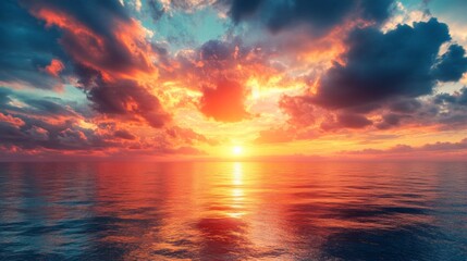 Obraz premium A beautiful sunset over the ocean with a large sun in the sky. The sky is filled with clouds, creating a moody atmosphere