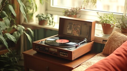 Vintage record player with a vinyl record on a table next to a window with plants.
