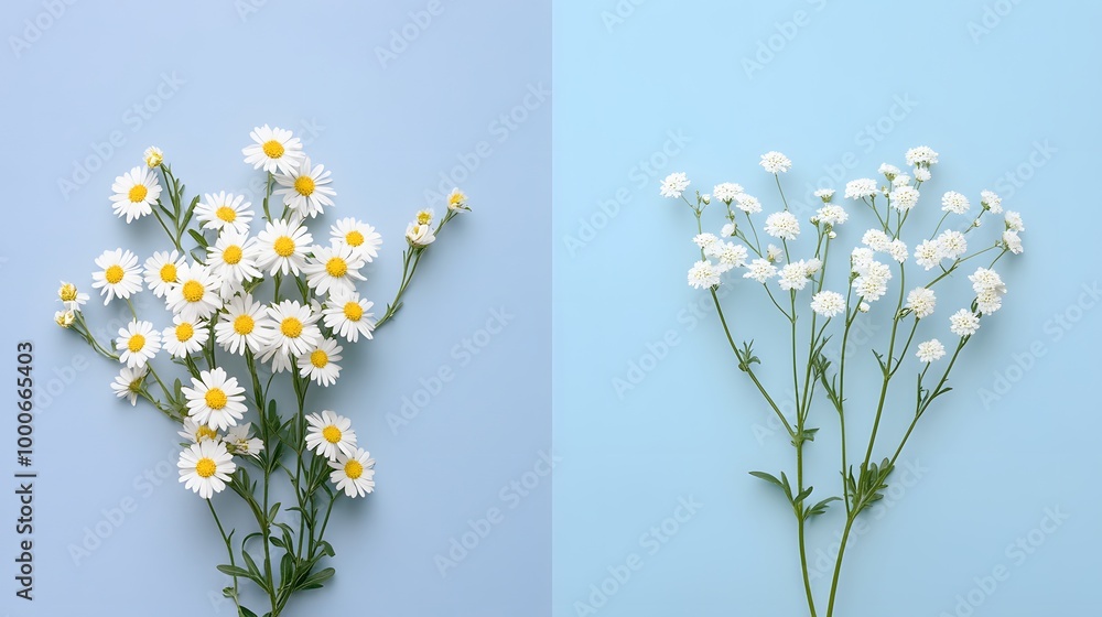 Poster capture an image of feverfew flowers elegantly arranged on the left, against a minimalist backdrop. 