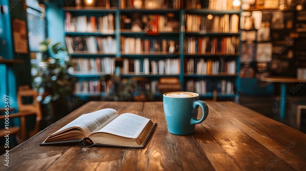 Poster depict a cozy reading nook within a coffee shop, showcasing a well-used table with a coffee mug besi