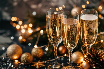 Celebratory Champagne Toast with Confetti and Golden Ribbons in Festive Party Atmosphere


