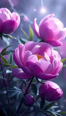 Obraz premium Beautiful pink peonies bloom vibrantly in a garden setting during early morning light