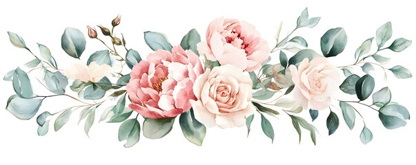 Watercolor floral bouquet, featuring peonies and roses, with eucalyptus leaves, in a white color palette, isolated on a white background, 