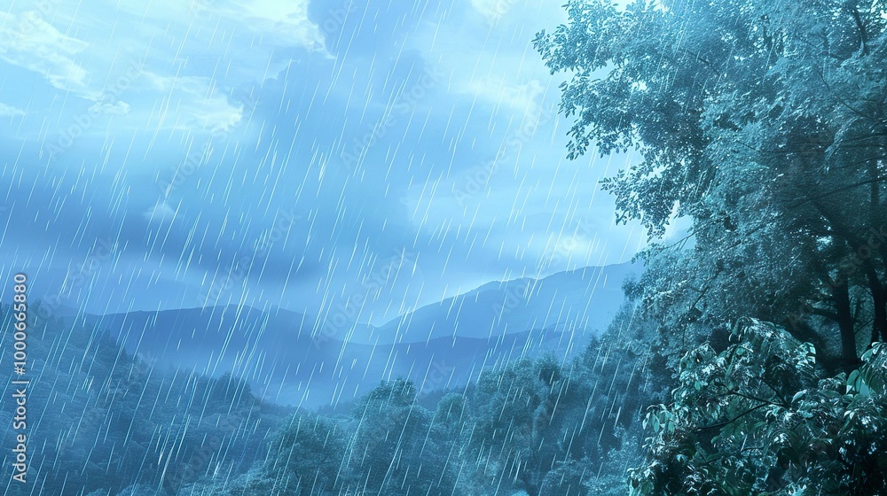 Wall mural Blue_landscape_with_valley_rain_backgrounds