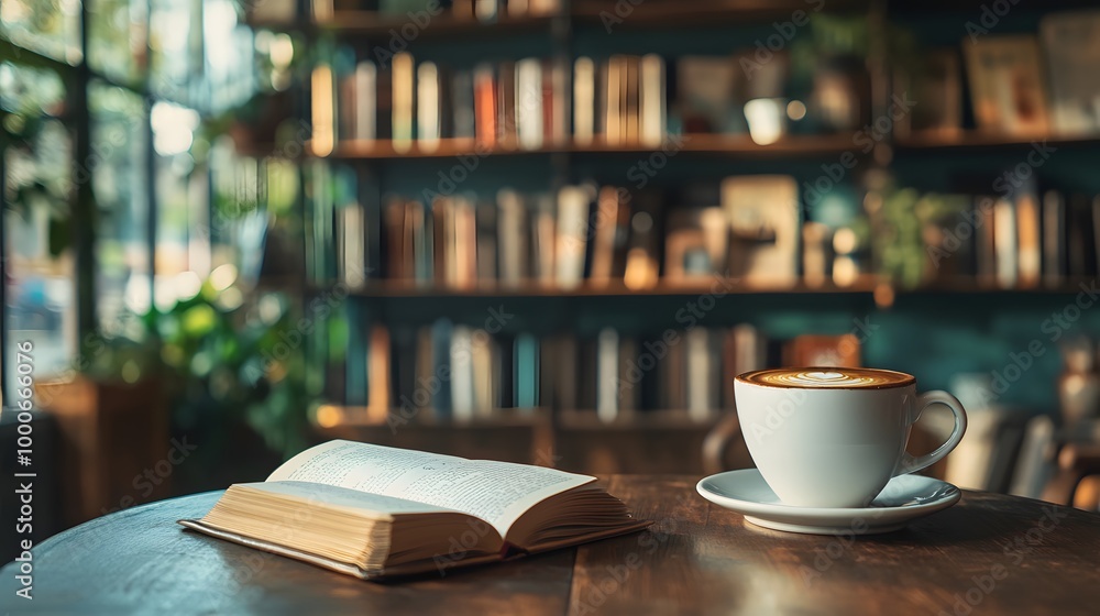 Aufkleber depict a serene coffee shop setup with an empty table waiting for a book and coffee. the cozy shelf 