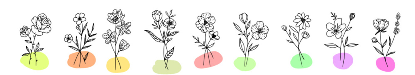 Flowers and Leaves Vector One Line Drawing Set. Botanical Modern Single Line Art, Aesthetic Contour. Perfect for Home Decor, Wall Art Posters, T-shirt Print, Mobile Case. Continuous Line Drawing