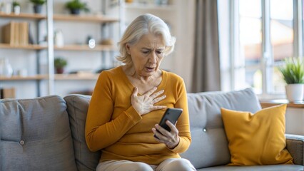 Obraz premium stressed elderly woman looking at phone screen and touching chest , sitting on couch in living room, reading bad news in message, problem with device