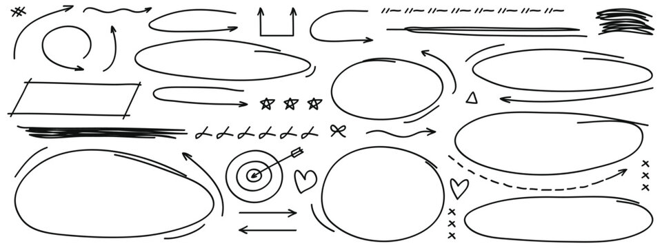 Hand drawing doodle style collection of arrows, circles and shape collection.