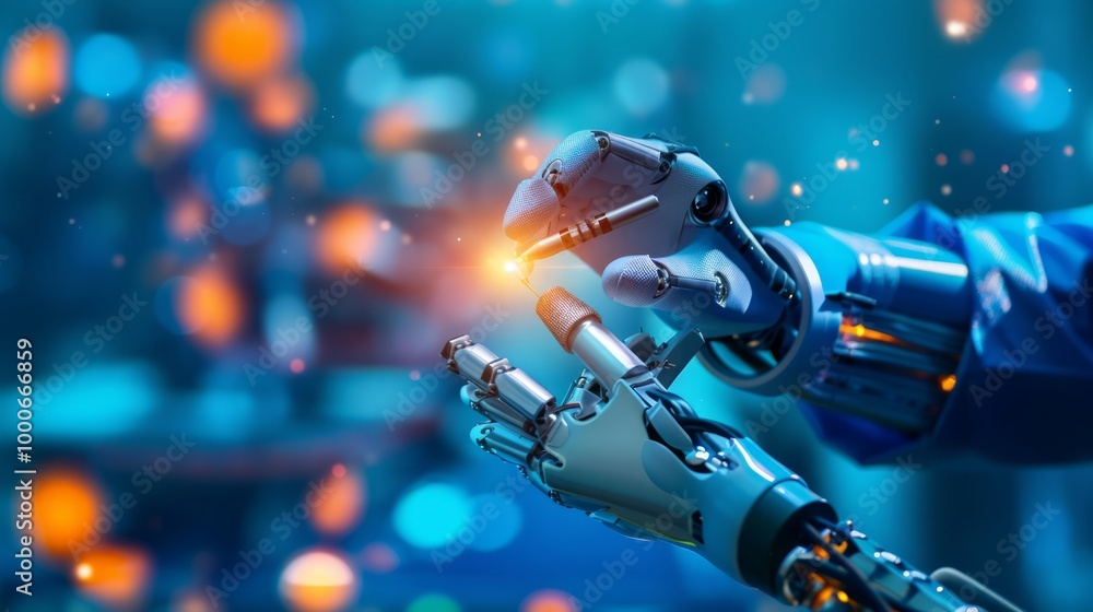 Poster futuristic robot with microchip technology in action