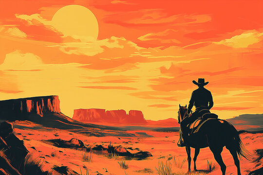cowboy sunset clouds landscape desert background silhouette wild west artwork illustration