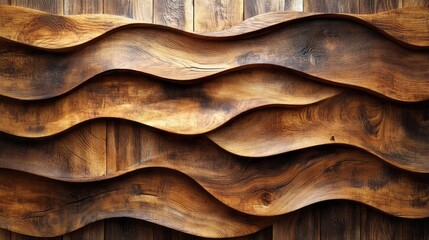 A series of wooden waves, with each wave having a different angle and shape. The waves are arranged in a way that creates a sense of depth and movement