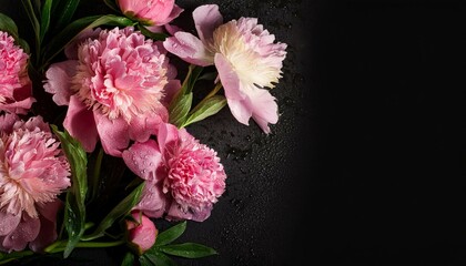 Fototapeta premium floral peonies lush after rain; with black textured space in center for text