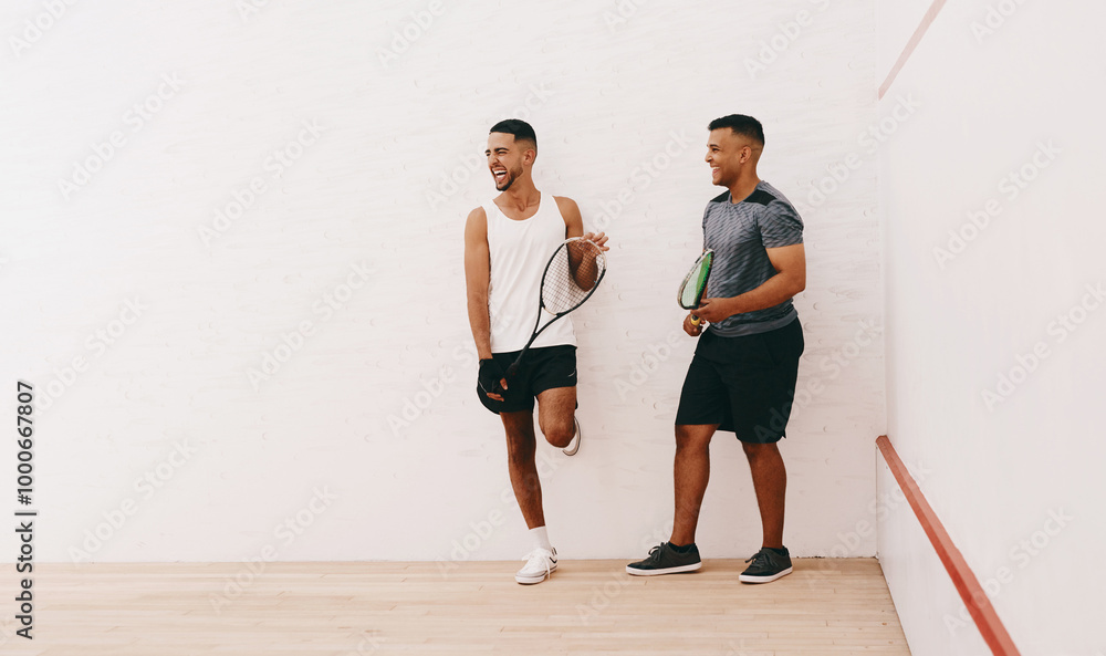 Wall mural Athlete, people and sports for squash exercise with racket for challenge game, training and practice skill of resilience. Active, men and fitness performance, competition gear and professional match