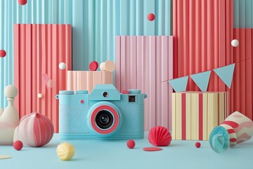 A blue camera sits in front of a colorful background with geometric shapes, flags, and confetti.