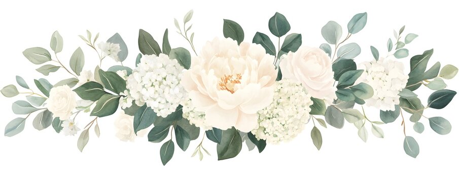 Watercolor floral bouquet, peonies and hydrangeas, eucalyptus leaves, white roses, greenery arrangement, wedding flowers
