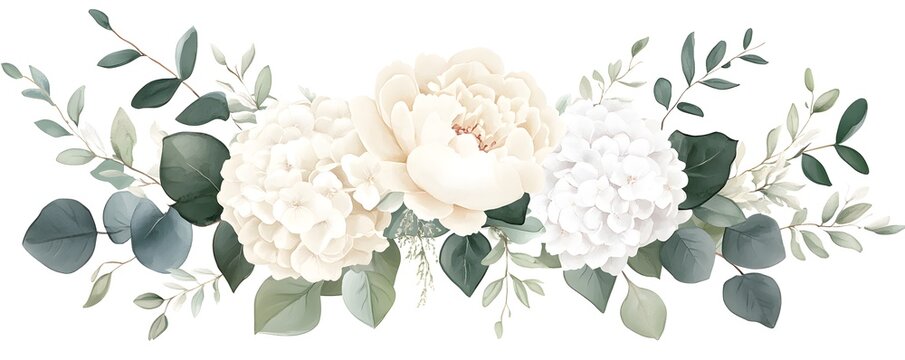 recommend clip art: Watercolor floral bouquet, peonies and hydrangeas, eucalyptus leaves, white roses, greenery arrangement, wedding flowers