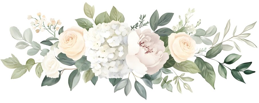 recommend clip art: Watercolor floral bouquet, peonies and hydrangeas, eucalyptus leaves, white roses, greenery arrangement, wedding flowers
