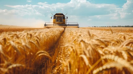 Fototapeta premium crop harvesting, agricultural workers operating combine harvesters in a large wheat field, golden crops being harvested efficiently, modern machinery at work, bright sunny day
