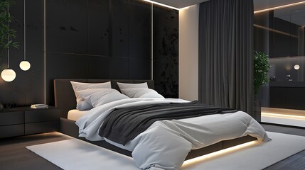 Cozy modern bedroom with a large bed, stylish black and white decor, and soft lighting