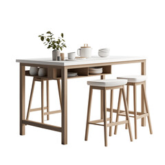 Modern wooden kitchen island with stools, featuring white ceramic decor and minimalist design, suitable for stylish homes and interiors.