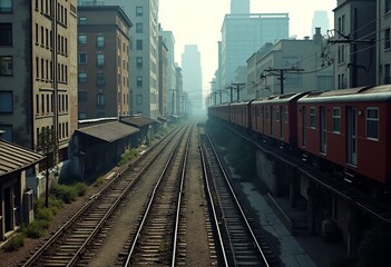 Naklejka premium Capturing Japan's Architectural Contrasts: Downward Angle Shots of Old Trains Amidst Bustling City Centers and Quiet Residential Areas