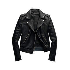 Classic black leather jacket with silver hardware, showcasing trendy and timeless fashion style against a plain background.