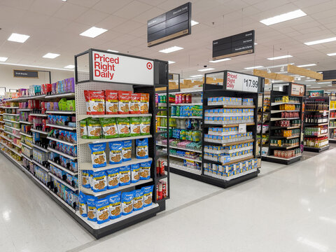 Target department store aisles full of grocery merchandise.