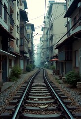 Fototapeta premium Explore Japan's Urban Landscape: Aerial View of Old Trains Winding Through City and Residential Buildings - Captivating Top-to-Bottom Photography