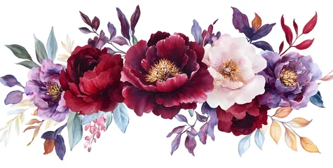 Fotobehang Watercolor floral bouquet, peonies and roses in burgundy, red, purple, and pink cream colors,  © Kdhtdg