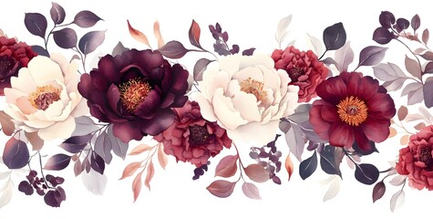 Fototapeta premium Watercolor floral bouquet, peonies and roses in burgundy, red, purple, and pink cream colors, 