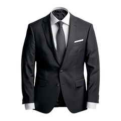 Elegant black suit with a white shirt and black tie, perfect for formal events and professional occasions.