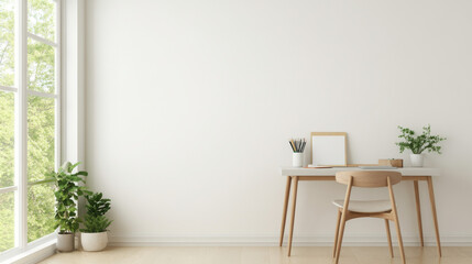 A bright and airy workspace featuring minimalist desk with chair, surrounded by greenery and natural light. serene environment promotes focus and creativity