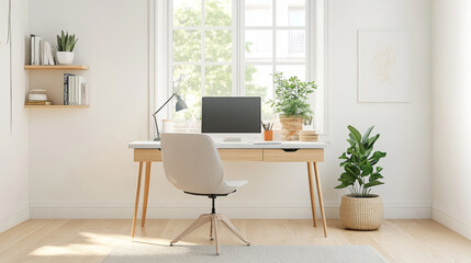Fototapeta premium A modern home office featuring stylish desk with computer, surrounded by greenery and natural light. serene atmosphere promotes productivity and creativity